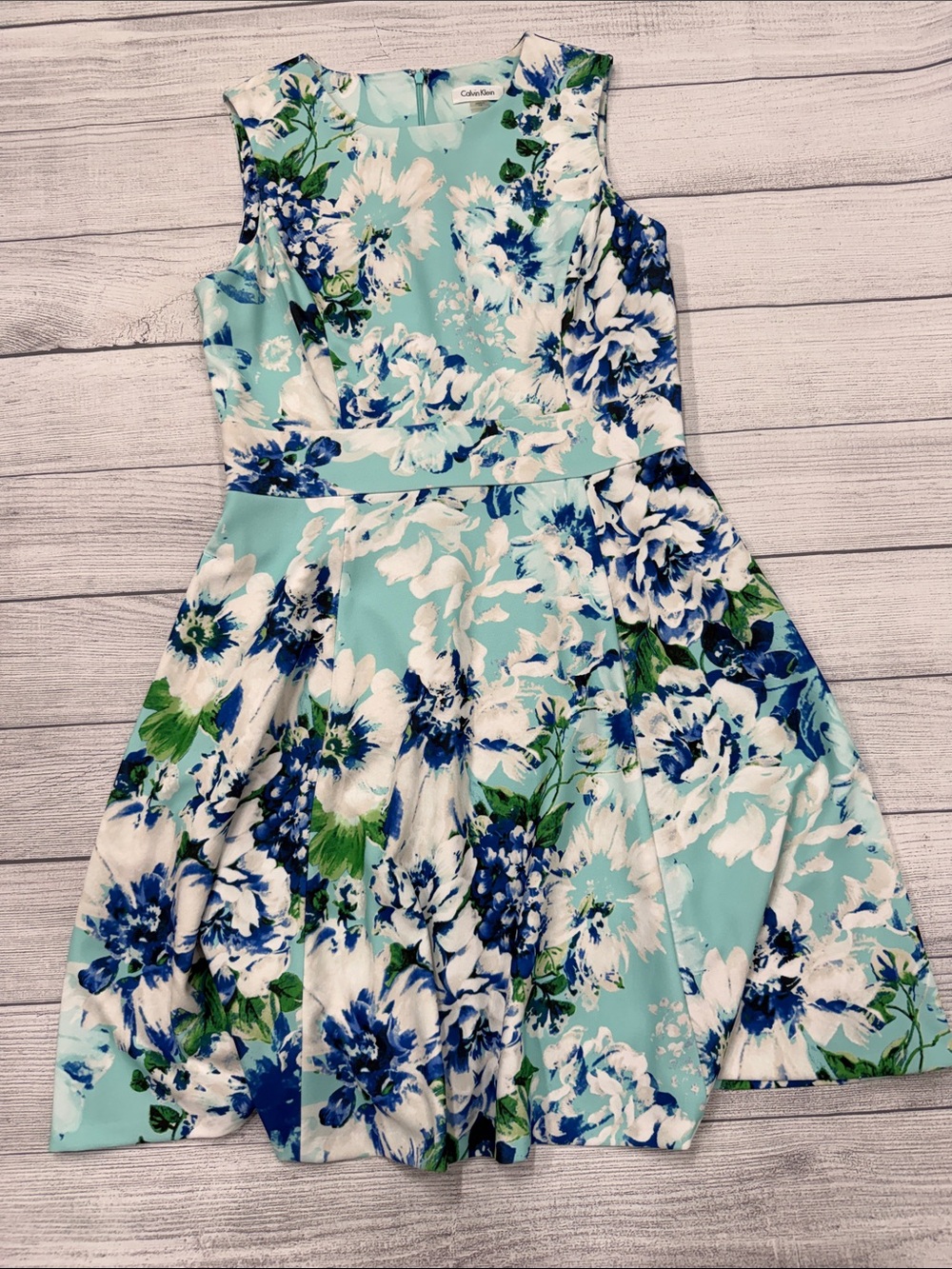 Calvin Klein Blue Floral Fit & Flare Dress Sleeveless Size 12